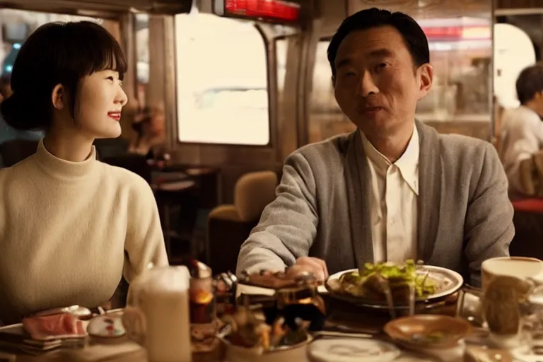 Image similar to movie interior closeup beautiful Japanese couple closeup sitting and talking at 50s diner, night in the city, beautiful skin, by Emmanuel Lubezki