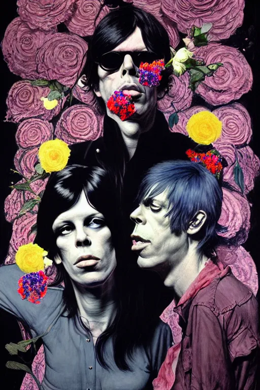 Image similar to the velvet underground and nico playing live on stage at a night club, beautiful stage decoration with flowers in the background, painting by james jean and norman rockwell, very detailed and colorful and toned down and ornamental and moody and cool and relaxed and high on drugs, trending on artstation, behance contest winner