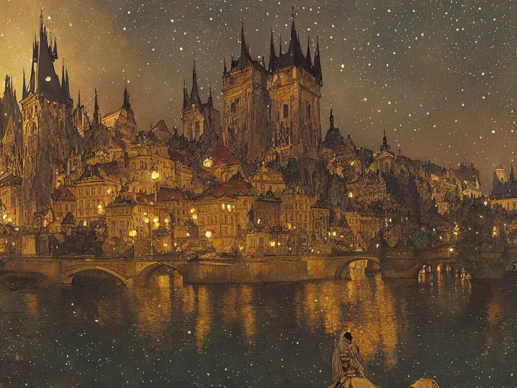 Image similar to a view from the river of prague at night with the sky full of stars, intricate, elegant, highly detailed, digital painting, artstation, concept art, smooth, sharp focus, colored illustration for tattoo, art by krenz cushart and artem demura and alphonse mucha,