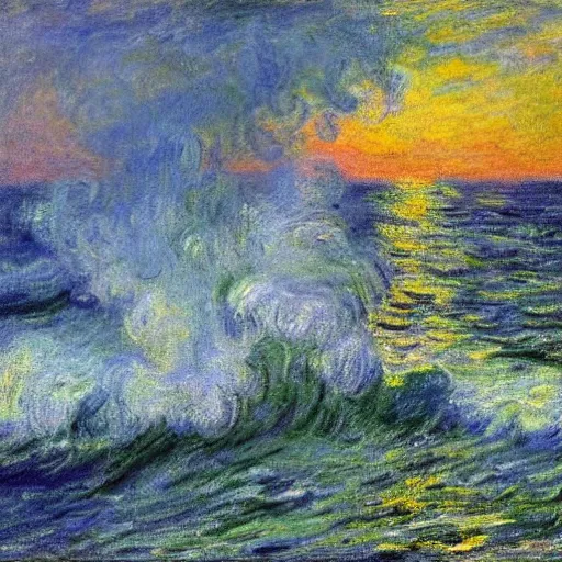 Prompt: a stormy sea with large waves and lightning in the sky, oil painting, impressionist, monet