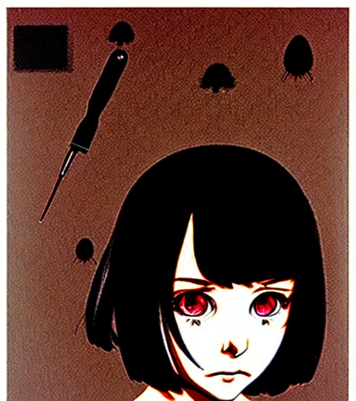 Image similar to girl with morbid thoughts wearing a black spring dress with short brown hair, queen of sharp needles and under the effect of psychosis, by Range Murata, Katsuhiro Otomo, Yoshitaka Amano, Andy Warhol.