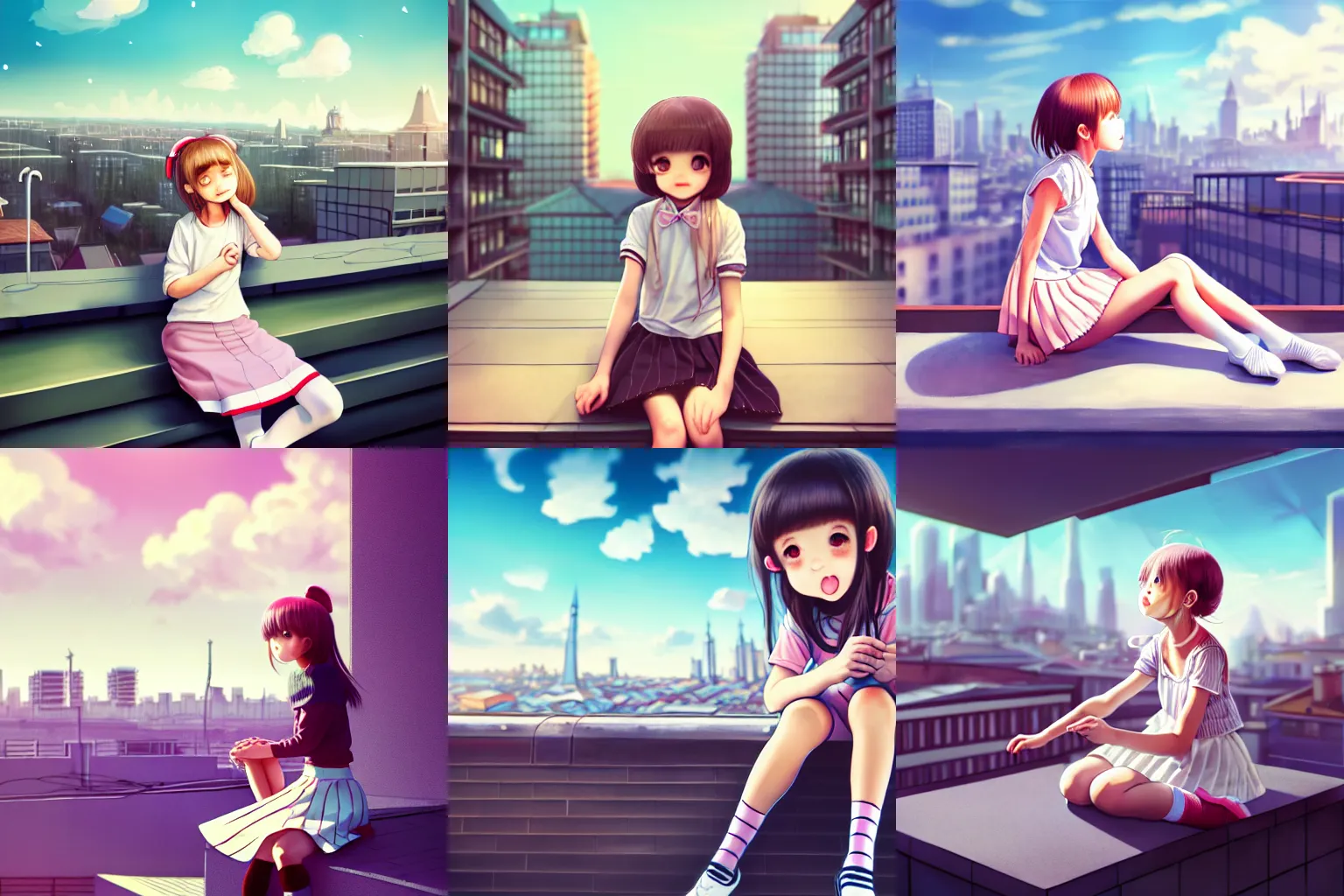 Prompt: realistic detail, girl sitting on a rooftop, cute kawaii girl, wearing skirt and high socks, having a snack, looking up, magic eyes, digital art, concept art, best of 2023 on artstation style, simulation, structure, fine, wide angle, natural light, volumetric, behind is a large scale city