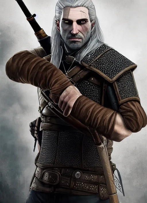 Prompt: portrait of a witcher holding a gun, the witcher has a half shaved head and tattoos, the witcher holding a pistol points downwards, the witcher holding a pistol is only one and stands in a ruined city. by Ciryl Rolando, hyperrealistic illustration, digital art, studio lightning, very detailed faces