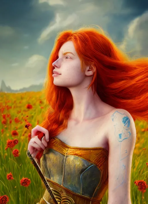 Prompt: An epic fantasy comic book style portrait painting of a young red headed girl with a tiny bright golden bee engraved on her exposed shoulder in a field of flowers , unreal 5, DAZ, hyperrealistic, octane render, cosplay, RPG portrait, dynamic lighting