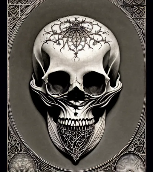 Image similar to art forms of nature by ernst haeckel, memento mori by arthur rackham, ornate antique porcelain beautiful skull mask, ultrasharp, photorealistic, hyperdetailed, octane render, polished, art nouveau, neo - gothic, gothic, intricate ornamental organic filigree, art nouveau botanicals, art forms of nature by ernst haeckel, horizontal symmetry, symbolist, visionary