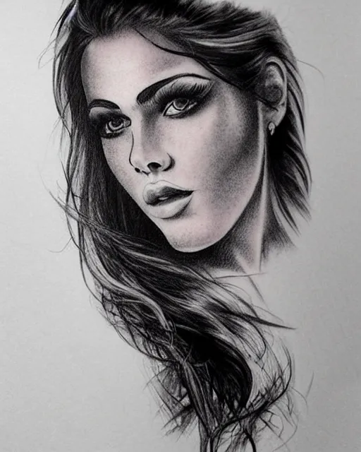 Prompt: tattoo design sketch of a beautiful woman face blended with a background of beautiful mountains, hyper - realistic, in the style of den yakovlev, amazing detail, black and white