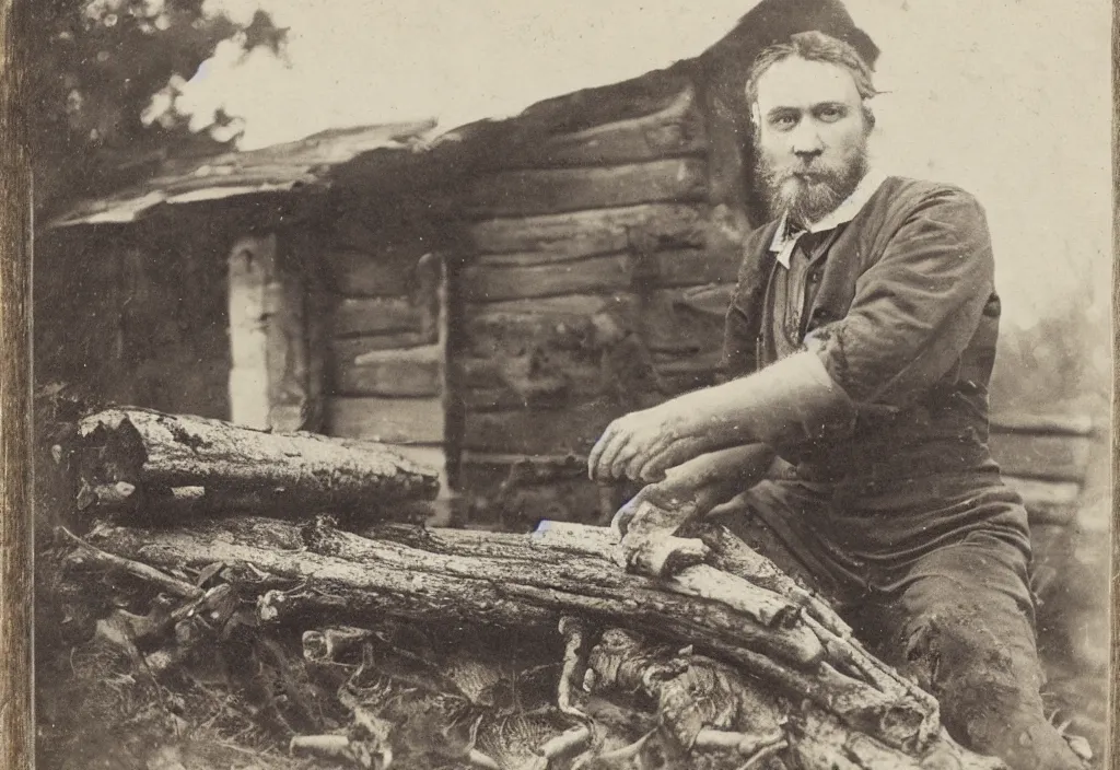 Prompt: late 1 8 0 0 s daugerrotype photograph portrait of a rugged man building a log cabin