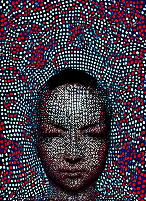 Prompt: extreme long shot, kodachrome, melting face, cyberpunk 2 0 y. o model girl, black reflect robe, wrapped in wires and piones, clear blue sky vintage style, looking straight ahead, in the style of yayoi kusama, lineart, artstation