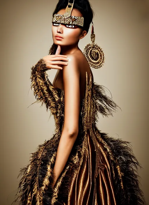 Image similar to glorious and luxurious haute couture dress on indigenous model woman with smooth skin, portrait, voluminous, masterpiece, intricate