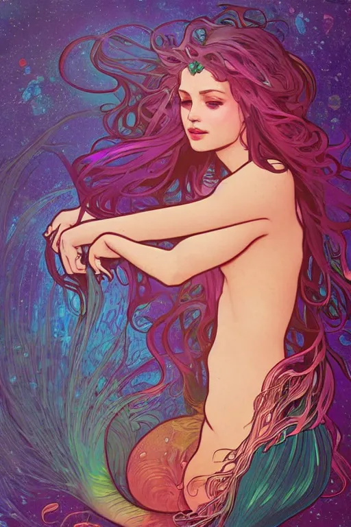 Prompt: a beautiful psychedelic mermaid with a beautiful fin, cinematic lighting, soft bokeh, fantasy, modern, colourful, highly detailed, digital painting, artstation, deviantart, concept art, sharp focus, illustration, by alphonse mucha