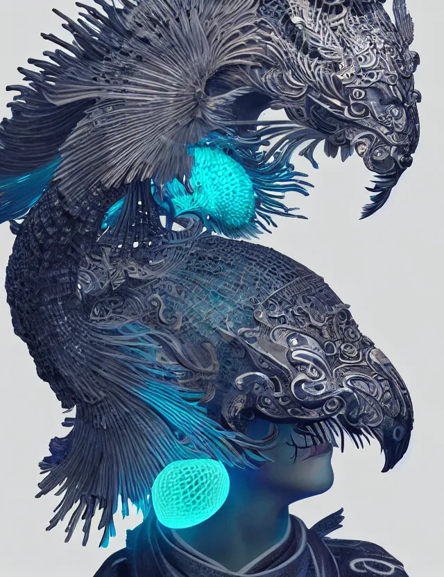 Image similar to 3 d shaman close - up profile portrait. beautiful intricately detailed japanese crow kitsune mask and clasical japanese kimono. betta fish, jellyfish phoenix, bio luminescent, plasma, ice, water, wind, creature, artwork by tooth wu and wlop and beeple and greg rutkowski