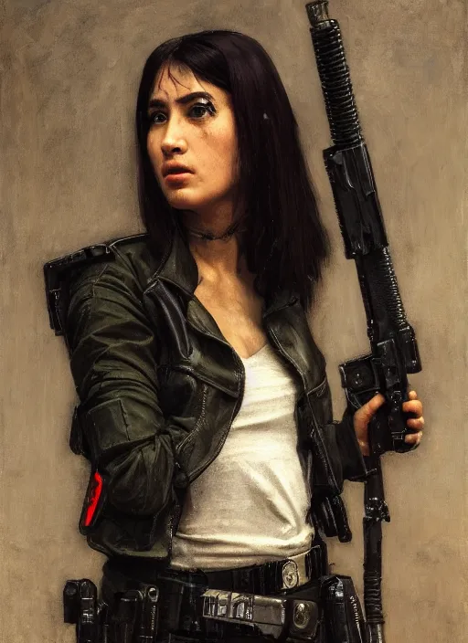 Image similar to 👩🏻🎤. cyberpunk police trooper in a military vest ( blade runner 2 0 4 9, cyberpunk 2 0 7 7 ). orientalist portrait by john william waterhouse and james gurney and theodore ralli and nasreddine dinet, oil on canvas. cinematic, hyper realism, realistic proportions, dramatic lighting, high detail 4 k