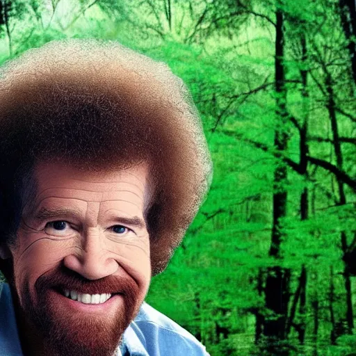 Image similar to bob ross, trees instead of hair