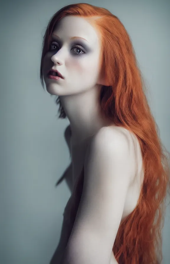 Prompt: Ultra detailed Hasselblad portrait photo of a stunning pale gothic redhead woman model in a dimly lit studio, soft real colour gradient background from LEDs, 8k, perfect lighting, soft focus, high contrast