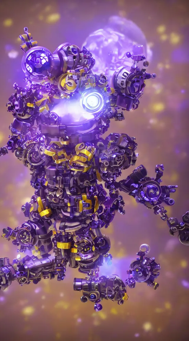 Prompt: toy mechanical monster, hyper detailed, sharp focus, bokeh, unreal engine, ray tracing, cute, fantasy, sci fi, purple flowers, blue flowers, violet flowers, glowing flowers, tiny, small, hyper realistic, sky