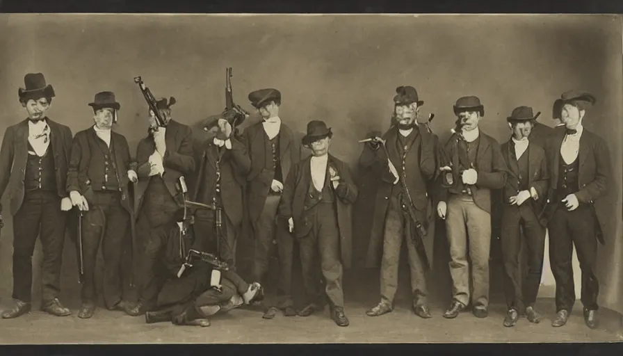 Image similar to photo of group 19th century gangsters with guns by Diane Arbus and Louis Daguerre