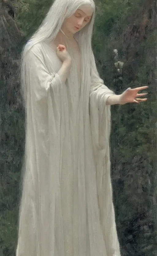 Image similar to say who is this with silver hair so pale and wan! and thin!? female angel in white robes flowing hair fair body, white dress!! of silver hair, covered!!, clothed!! lucien levy - dhurmer, fernand keller, oil on canvas, 1 8 9 6, 4 k resolution, aesthetic, mystery