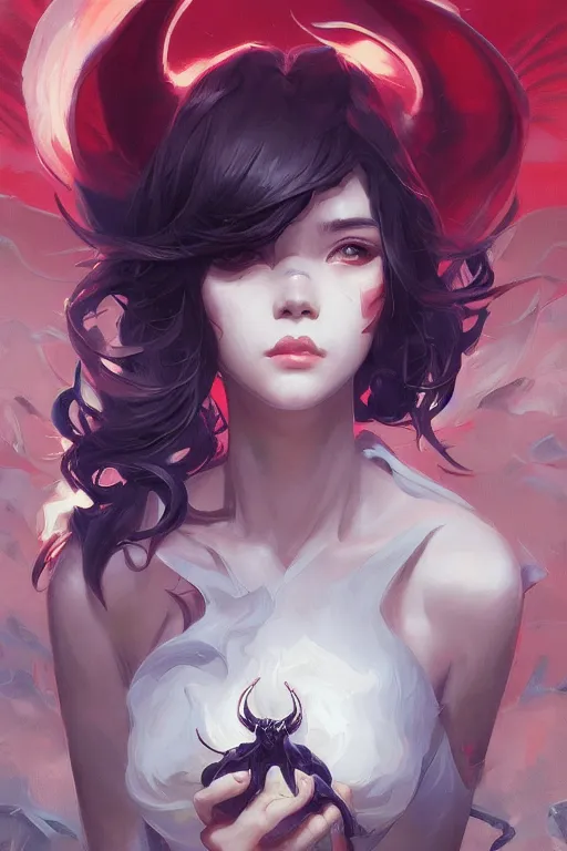 Image similar to portrait of satan by artgerm, tooth wu, dan mumford, beeple, wlop, rossdraws, james jean, marc simonetti, artstation giuseppe dangelico pino and michael garmash and rob rey and greg manchess and huang guangjian and makoto shinkai