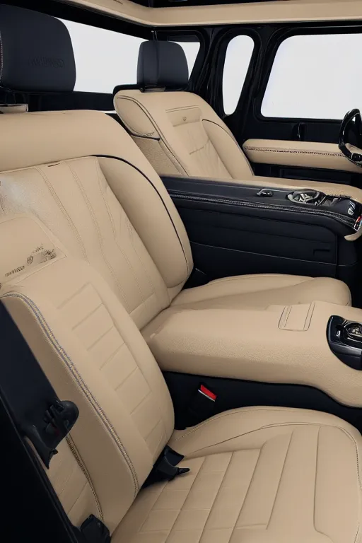 Image similar to Interior photo of a 2018 Mercedes-Benz G63, beige leather, highly detailed, natural light.