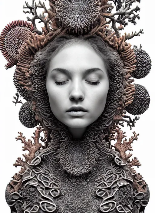 Prompt: ridiculously beautiful young womans face, layers of intricate swirling fractals of 3 d coral skin, blooming, portals into dimensions, coral, birds, symmetrical, in the style of ernst haeckel, effervescent, sacred geometry, surrealism, photo realistic, epic and cinematic, 3 d, clear, sharp,