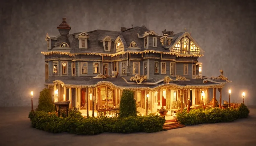 Prompt: photorealistic claymation art of a victorian house on top of a floating island, elegant, candle lighting, extremely detailed, realistic, art galery