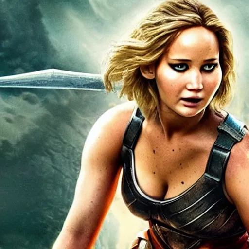 Prompt: still of Jennifer Lawrence as female He-Man in remake of Masters of the Universe (2029)