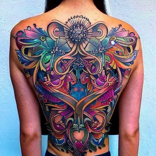 Image similar to tattoo along female back, epic, colorful, beautiful, intricate detail