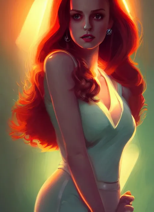 Image similar to full body portrait of teenage cheryl blossom, bangs, green eyes, mischievous expression, red hair, sultry smirk, bangs and wavy hair, intricate, elegant, glowing lights, highly detailed, digital painting, artstation, concept art, smooth, sharp focus, illustration, art by wlop, mars ravelo and greg rutkowski