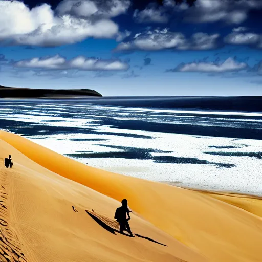 Image similar to sandboarding sandhills and seascape hokianga, cinematic composition, wide shot, digital art