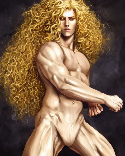 Prompt: Lucius as an androgynous albino prince in a black gilded obsidian bodysuit, long fluffy golden blonde curly hair, digital painting, muscular young man, sci-fi setting, symmetrical features, Daniel Gerhartz, high detail intricate, artstation, WLOP, Artgerm, J. Scott Campbell; Olivia De Berardinis, Daniel Gerhartz, jack kirby, mysterious vibes