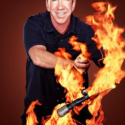 Image similar to tim allen with a flamethrower