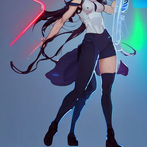 Prompt: a full body character design by artgerm, cushart krenz, ross tran, alphonse mucha. cute mad scientist girl!! shoulder mounted laser bazooka!! futuristic lab coat!! bold outline sharp edges. ultra clear detailed. 8 k. elegant, neon colors, dynamic angle, intricate complexity, epic composition, action pose, cinematic lighting masterpiece