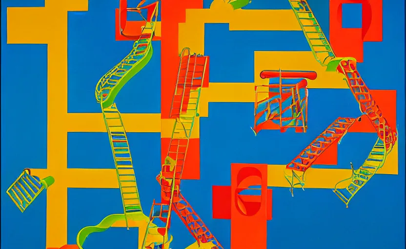 Prompt: chutes and ladders. detailed abstract painting by josef albers, by mc escher, by raqib shaw, japanese popsurrealism,