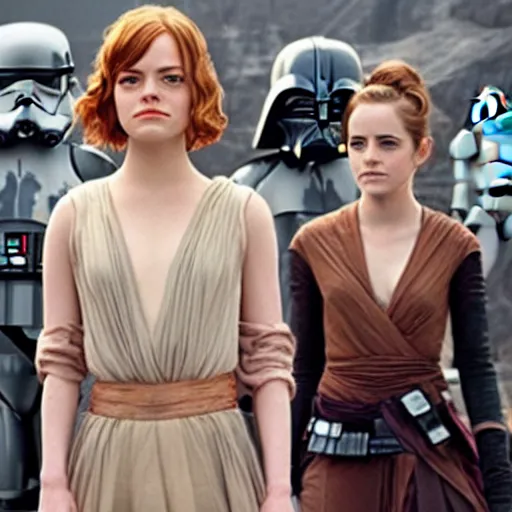 Image similar to emma stone and emma watson in Star Wars, movie still