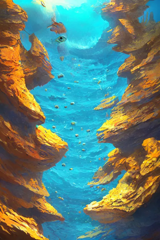 Image similar to fish cliffs, art by matt jefferies and joe doolin, trending on artstation, atmospheric fish eye modernism, realism, film poster, character design, diptych