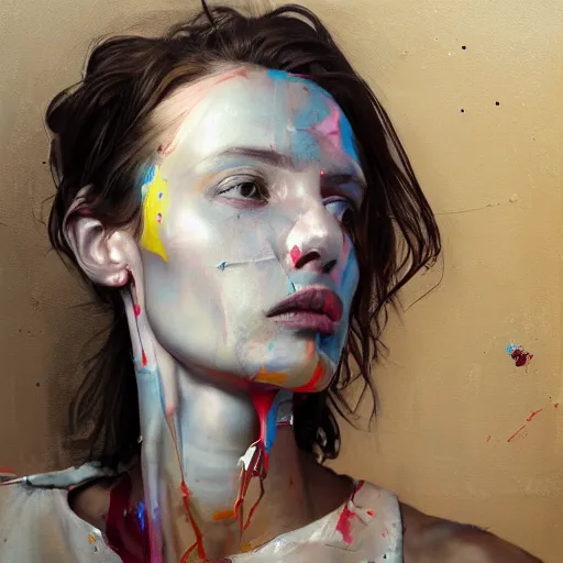Prompt: portrait of a woman, paint spit on canvas, by alexa meade and lee ellis, highly detailed, sharp, in focus, matte painting, mixed media