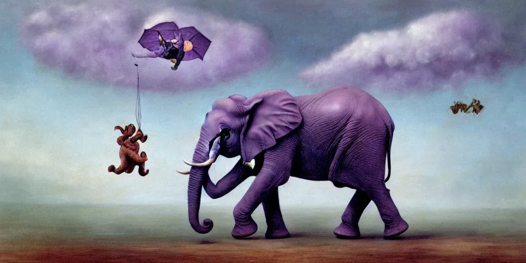 Image similar to a single purple elephant flying in the air like dumbo during a storm, close up of elephant with ground behind, illustration, detailed, smooth, soft, cold, by Adolf Lachman, Shaun Tan, Surrealism