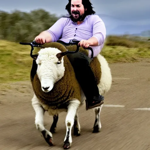 Image similar to morbidly obese keanu reeves riding a texel sheep, photo, detailed, 4 k