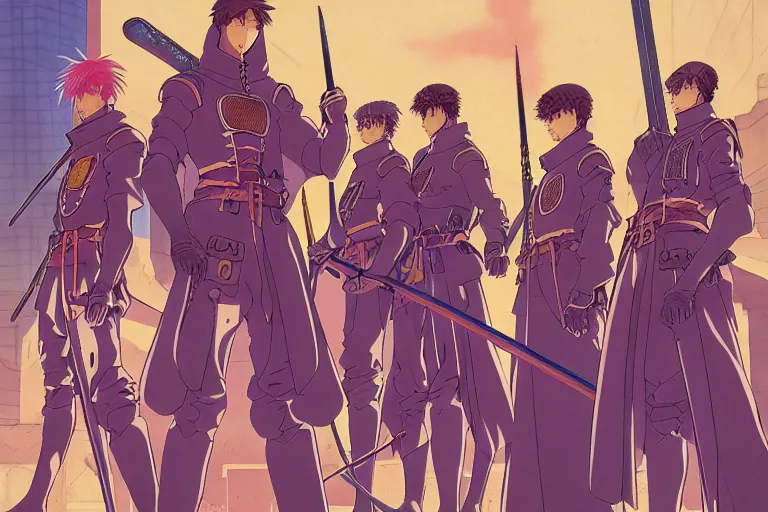 Image similar to cel shaded anime study of a group of wizard mercenaries in a late renaissance city, key visual with intricate linework, in the style of moebius, ayami kojima, 90's anime, retro fantasy, manga