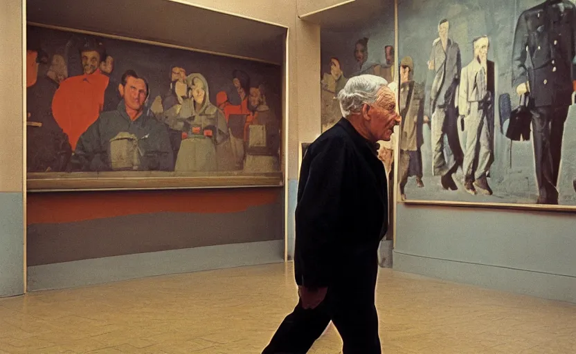 Image similar to 60s movie still close-up portrait of an elder soviet man walking in an empty sovietic museum with propaganda fresco, by David Bailey, Cinestill 800t 50mm eastmancolor, heavy grainy picture, very detailed, high quality, 4k, HD criterion, precise texture and facial expression