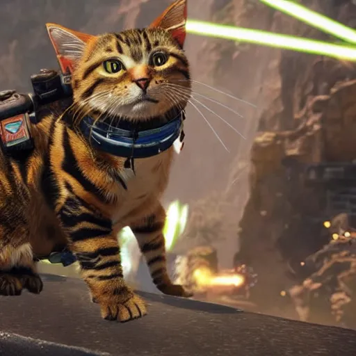 Prompt: a tabby cat joins the games as our new legend, apex legends, titanfall, outlands, source engine