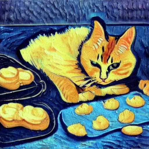 Image similar to an oil painting of a cat baking cookies in the style of van gogh, matisse, caravaggio and raphael