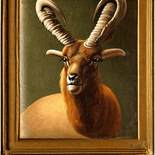 Image similar to renaissance style portrait of an alpine ibex wearing a crown and a cape, dark background