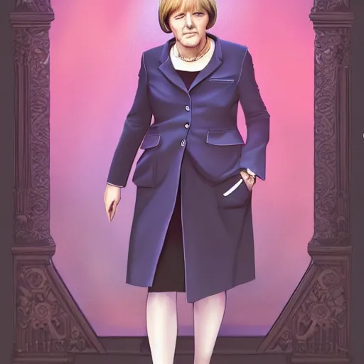 Prompt: beautiful portrait commission of a cool Angela Merkel casual clothes in a cute purple dress. background is the red carpet. 3 point lighting. character design by charlie bowater, ross tran, artgerm, and makoto shinkai, detailed, inked, western comic book art