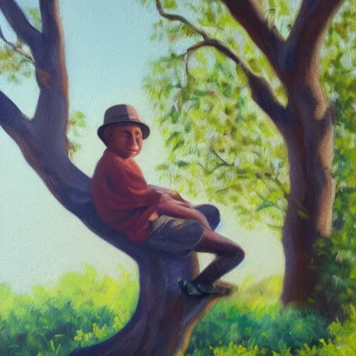 Image similar to beautiful oil painting of george sitting on a tree, day light, sunlight swamp, award - winning, matte,