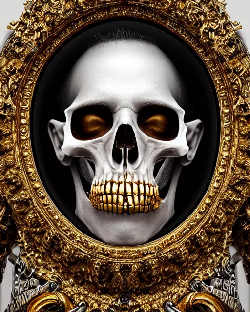 Prompt: realistic portrait of a king of bones, dark, gold, silver ornaments, facing camera, photo realistic, detailed, 1 4 5 0, delicate, hyper realism, ultra realistic, 8 k