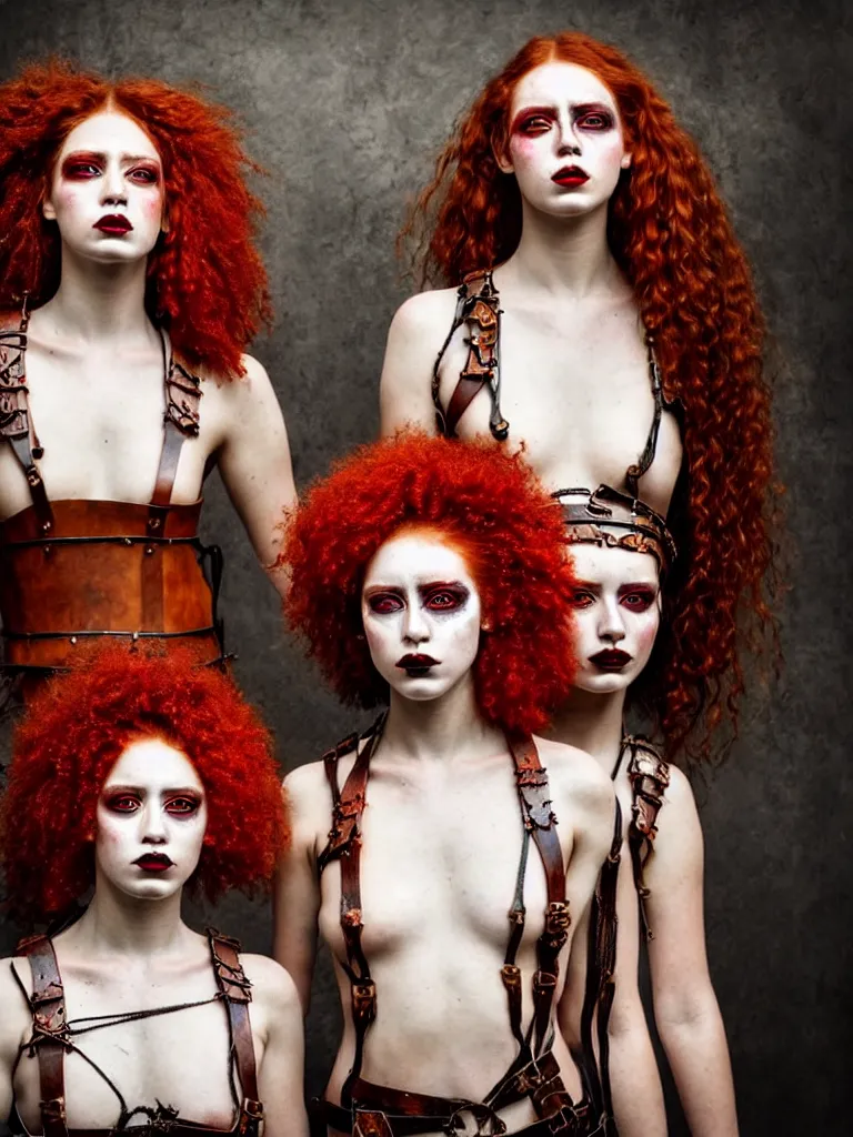 Prompt: two fierce looking beautiful young women warriors with curly red hair and symmetrical white makeup standing side by side, wrapped in leather straps, wearing an intricate head dress made from bones and leather, painted by turner, intricate linework, radiant light, detailed and intricate environment