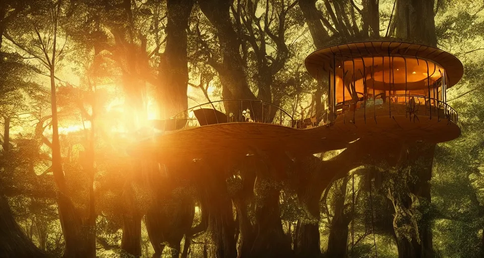 Image similar to An incredibly beautiful scene from a 2022 sci-fi film featuring a cozy art nouveau reading nook in a fantasy treehouse interior. Scattered books and cushions. A tree trunk. Suspended walkways. Golden Hour. 8K UHD.