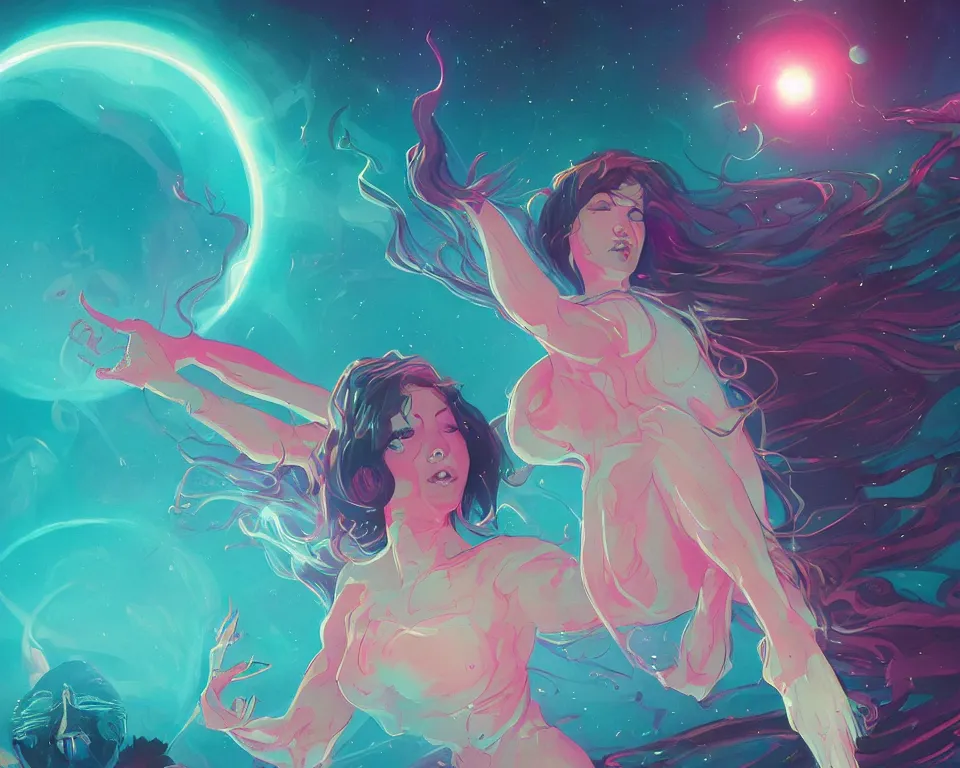 Image similar to beautiful determined goddess standing on a lake basking in the moonlight, conjuring a demon, underneath a multi-colored binary blackhole with an accretion disc, glowing trails following her arms, wearing professional makeup, synthwave, by Lois van Baarle, by Greg Rutkowski, by artgerm, by beeple, by studio ghibli, cinematic angle, volumetric lighting, 4k resolution, octane render, trending on artstation, masterpiece