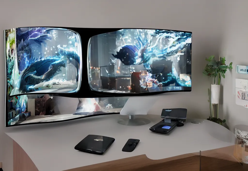 Prompt: curved transparent 3 dtv dragon popping out of tv, volumetric lighting, bedroom, visor, users, pair of keycards on table, bokeh, creterion collection, shot on 7 0 mm, instax